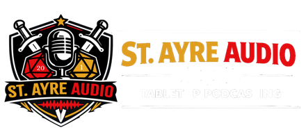 Logo with D20s, Swords and the words St. Ayre Audio Tabletop Podcasting