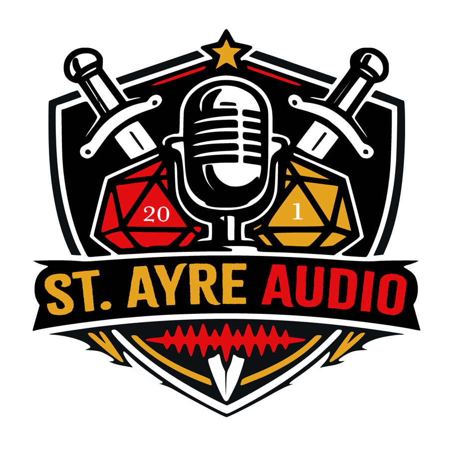 Shield with two d20s, swords and a microphone